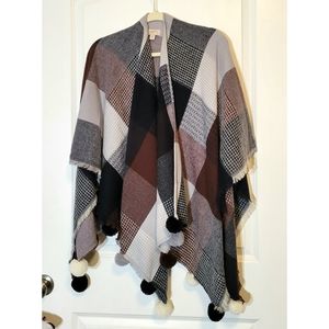 LOFT Plaid Knit Poncho Shawl Sweater Wrap Cape with Pom Poms